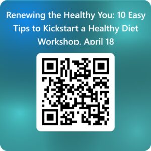 This is a QR code for Renewing the Heathy you-10 Easy Tips to Kickstart A Healthy Diet Workshop. At the Hutto Public Library on 4.18.26