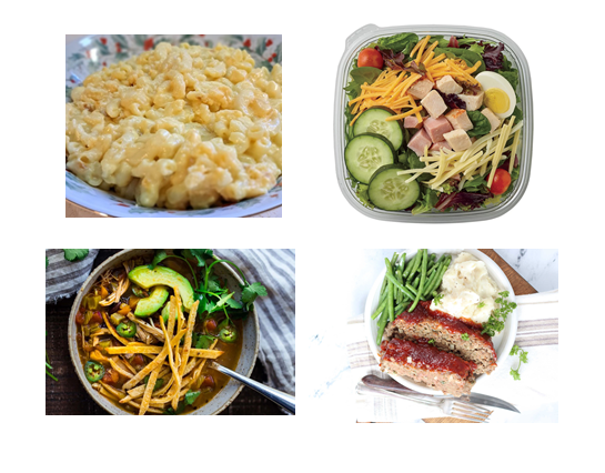 A selection of Michele's Marvelous Meal offerings which includes Heart-Attack Mac & Cheese, Chef Salad, Chicken Tortilla Soup, and Meatloaf, Mashed Potatoes & Green Beans.