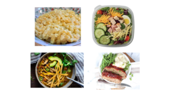 A selection of Michele's Marvelous Meal offerings which includes Heart-Attack Mac & Cheese, Chef Salad, Chicken Tortilla Soup, and Meatloaf, Mashed Potatoes & Green Beans (FEATURED IMAGE)