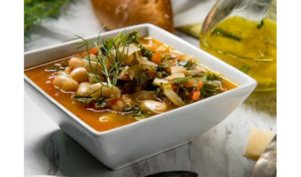 A square bowl of Tuscan White Bean and Lentil Soup
