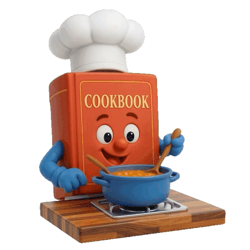 Michele's Marvelous Meals animated cookbook cooking featuring a red cookbook in a chef's hat cooking a meal in a pot on the stove.