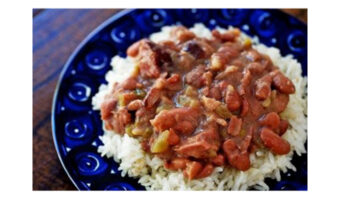 An image of Red Beans and Rice on a blue plate.