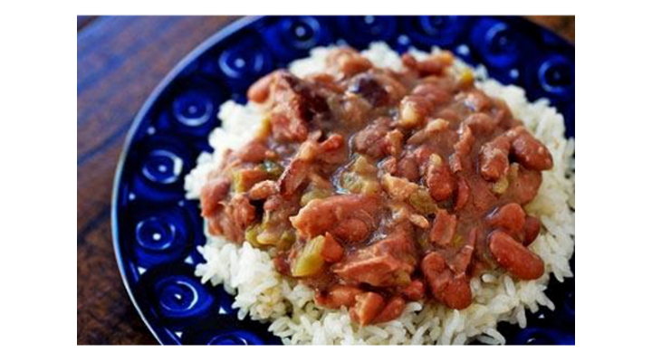 An image of Red Beans and Rice on a blue plate.